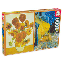 Пъзел Educa от 2x1000 части - Слънчогледите и Кафе тераса през нощта, Винсент ван Гог Пъзел Educa от 2x1000 части - Слънчогледите и Кафе тераса през нощта, Винсент ван Гог