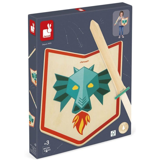 Игрален комплект Janod - Дървени меч и щит, дракон | Игри и играчки