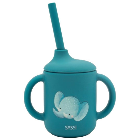 Силиконова чаша със сламка Sassi - Chewy The Elephant, синя | Чаши и бутилки