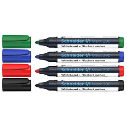 Комплект маркери за бяла дъска Schneider Maxx 290, 3 mm, 4 цвята Комплект маркери за бяла дъска Schneider Maxx 290, 3 mm, 4 цвята