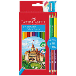 Комплект цветни моливи Faber-Castell - Замък, 12+6 цвята + острилка Комплект цветни моливи Faber-Castell - Замък, 12+6 цвята + острилка
