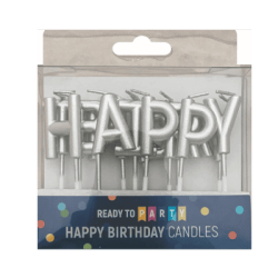 Свещи за рожден ден - сребърни букви Happy Birthday - 3 см - 13 броя