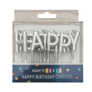 Свещи за рожден ден - сребърни букви Happy Birthday - 3 см - 13 броя