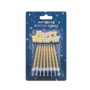 Свещи за рожден ден - злато - 6 см - 16 броя + Happy Birthday надпис - 6.5 х 3 с