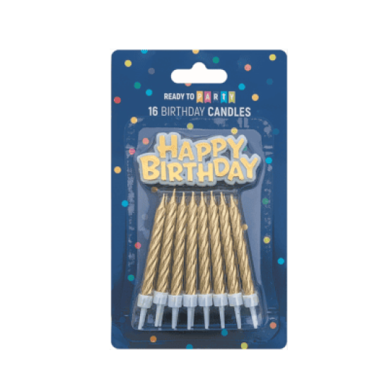 Свещи за рожден ден - злато - 6 см - 16 броя + Happy Birthday надпис - 6.5 х 3 с