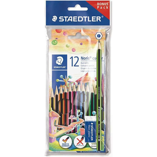 Цветни моливи Staedtler - 12 цвята + молив Noris и гума