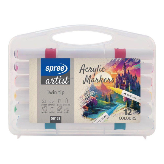 Маркери акрилни двувърхи Soft Brush / Fine tip, 12 цвята в PP кутия Маркери акрилни двувърхи Soft Brush / Fine tip, 12 цвята в PP кутия