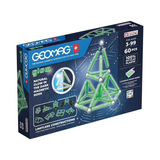 Mагнитен конструктор Geomag - Glow, 60 части | Игри и играчки