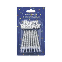 Свещи за рожден ден - сребро - 6 см - 16 броя + Happy Birthday надпис - 6.5 х 3