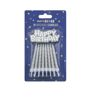 Свещи за рожден ден - сребро - 6 см - 16 броя + Happy Birthday надпис - 6.5 х 3