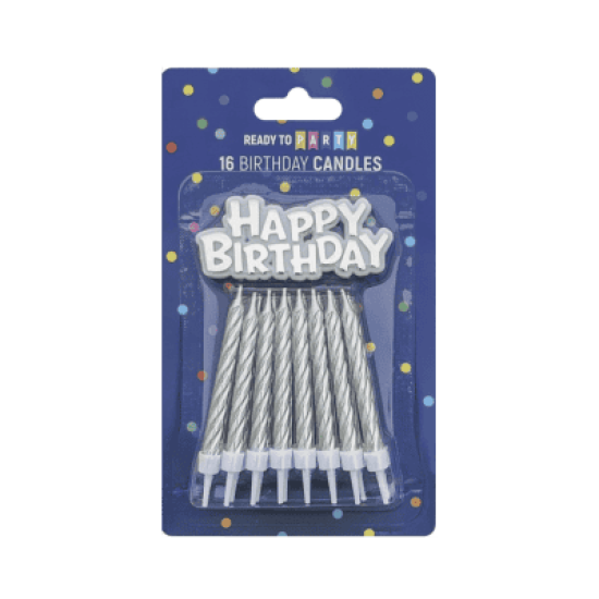 Свещи за рожден ден - сребро - 6 см - 16 броя + Happy Birthday надпис - 6.5 х 3