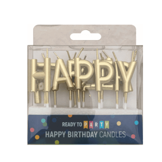 Свещи за рожден ден - златни букви Happy Birthday - 3 см - 13 броя