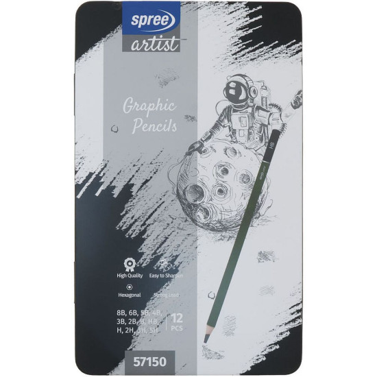 Комплект графитни моливи Spree Artist - 12 броя, в метална кутия