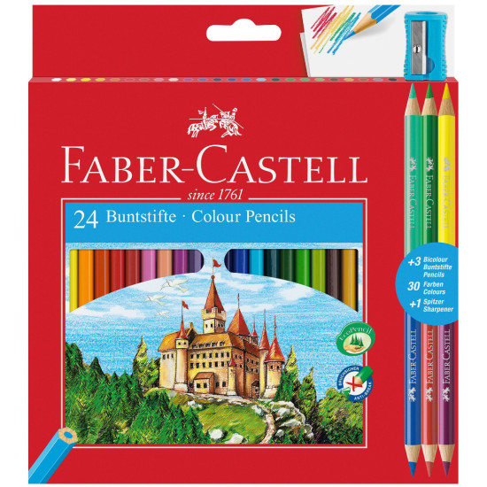 Комплект цветни моливи Faber-Castell - Замък, 24+6 цвята + острилка