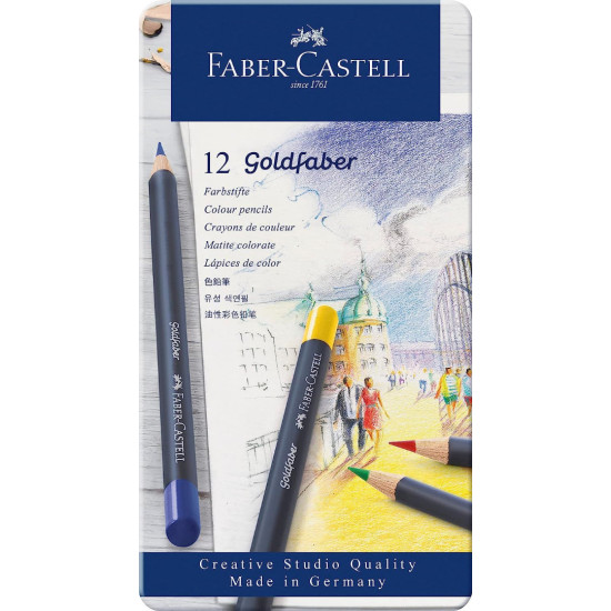 Комплект цветни моливи Faber-Castell Goldfaber - 12 цвята, в метална кутия