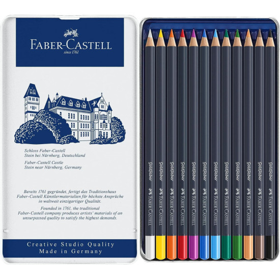 Комплект цветни моливи Faber-Castell Goldfaber - 12 цвята, в метална кутия