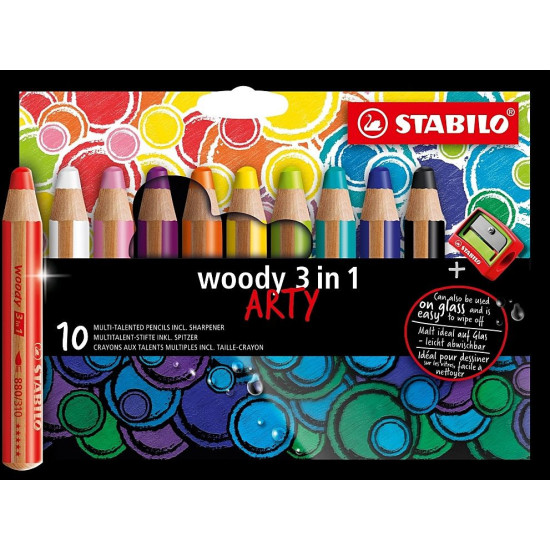 Комплект цветни моливи Stabilo Woody 3 in 1 - Arty, 10 цвята, с острилка