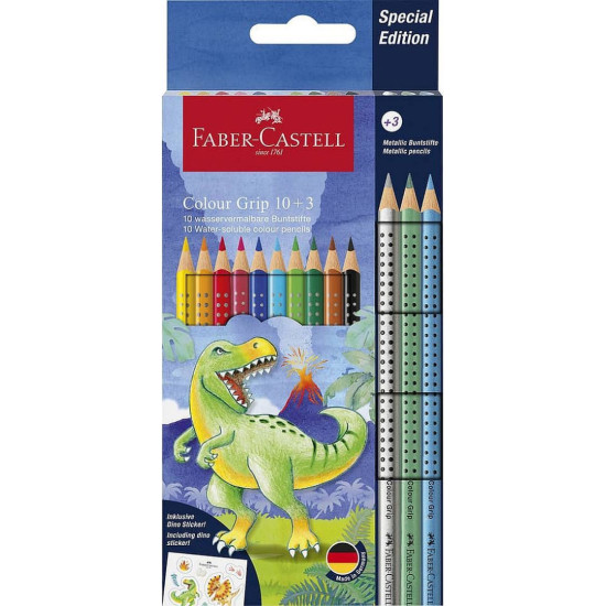 Цветни моливи Faber-Castell Grip 2001 - Динозавър, 10 + 3 цвята