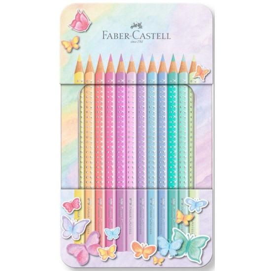 Цветни моливи Faber-Castell Sparkle - 12 пастелни цвята, метална кутия