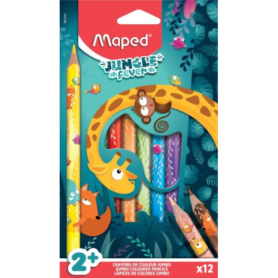 Цветни моливи Maped Jungle Fever - Jumbo, 12 цвята