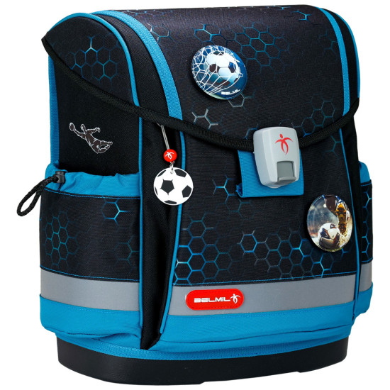 Ученическа раница-кутия Belmil Classic - Kick the Ball, с 3 баджа Ученическа раница-кутия Belmil Classic - Kick the Ball, с 3 баджа