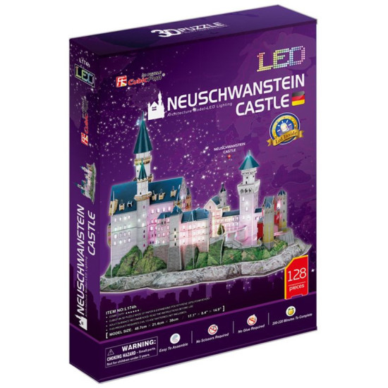 3D Пъзел Cubic Fun от 128 части и LED светлини - Neuschwanstein Castle | Cubic Fun