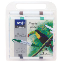 Акрилни маркери Spree Artist - Flexy Chisel, 18 цвята + 1 контурен