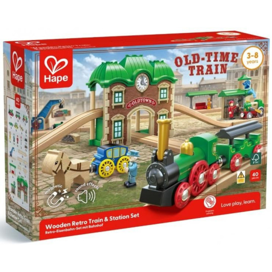 Дървен комплект Hape - Retro Train & Station, 40 части |