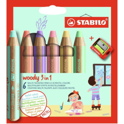 Комплект цветни моливи Stabilo Woody 3 in 1 - 6 пастелни цвята, с острилка