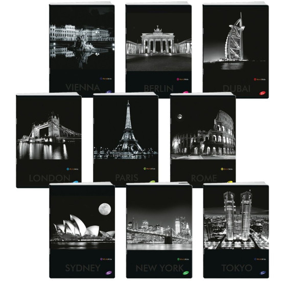Тетрадка Elisa - Cities by Night, A5, 62 листа, широки редове, асортимент